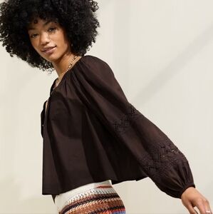 Aerie Long Sleeve Crochet Button Down Blouse Top Brown Flowy Womens Size M New